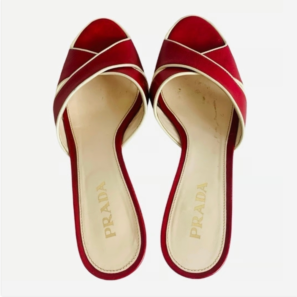 Prada Vitello Raspberry Beige Leather Platform Peep Toe High Heel Sandals Sz 36 - Picture 7 of 9
